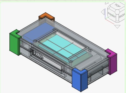 Transparent CAD enclosure study showing the display, internal stack, and corner protection